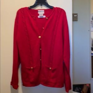 warm red cardigan